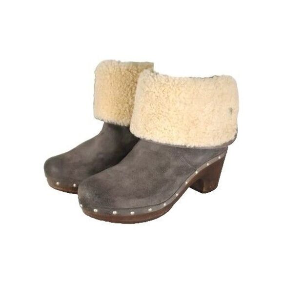 UGG Women's Lynnea US 7 Gray Suede Fold Over Studd Shearling Cuff Clog Boot - Picture 1 of 15